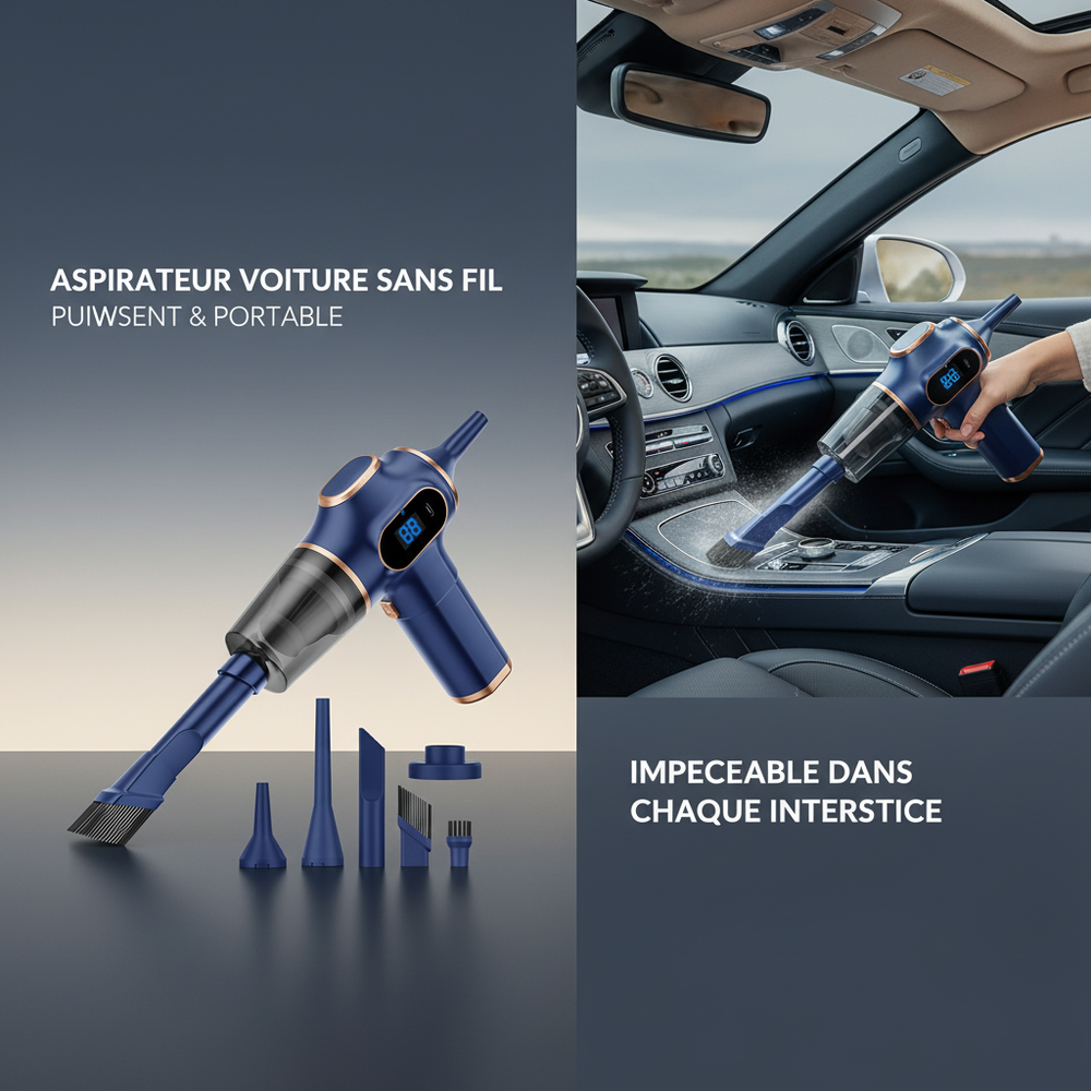 Sleek, compact cordless car vacuum cleaner, "Aspirateur Voiture Sans Fil," shown on a subtle gradient background.