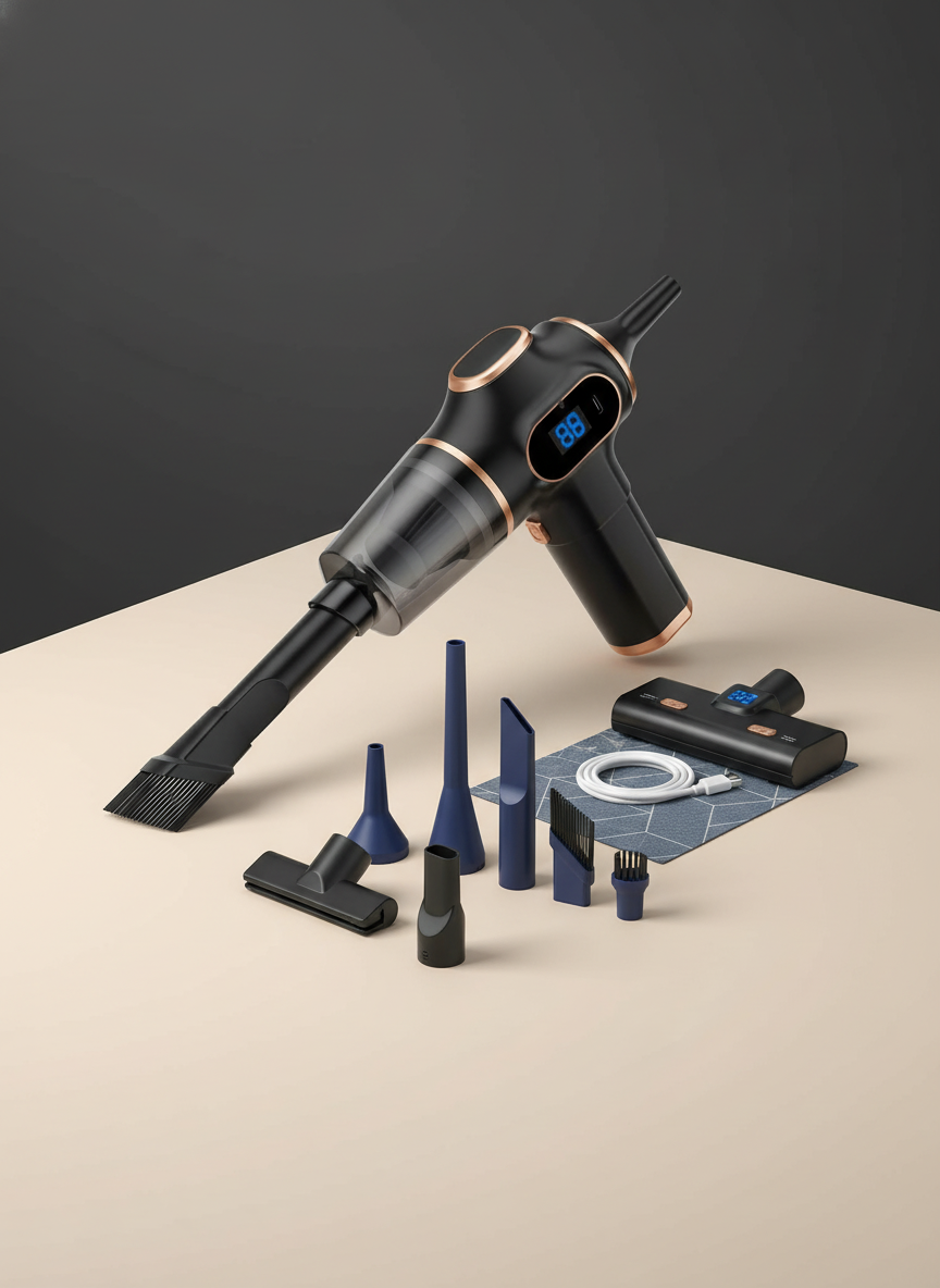 A premium flat-lay of a compact, powerful cordless car vacuum cleaner and its attachments on a warm cream surface with subtle