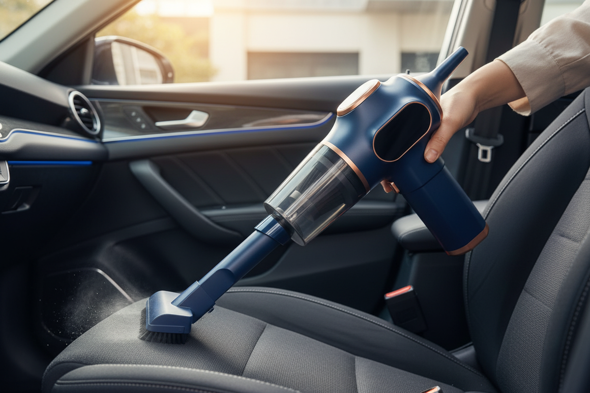 Compact cordless car vacuum cleaner on a dark charcoal car seat, with a subtle slate blue background tint.
